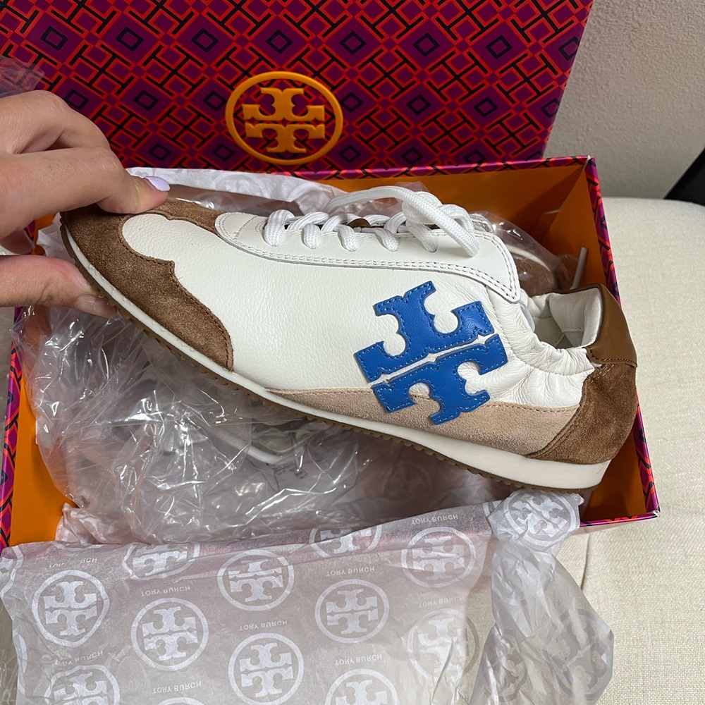Tory Burch White and Tan Sneakers with Blue Emblem